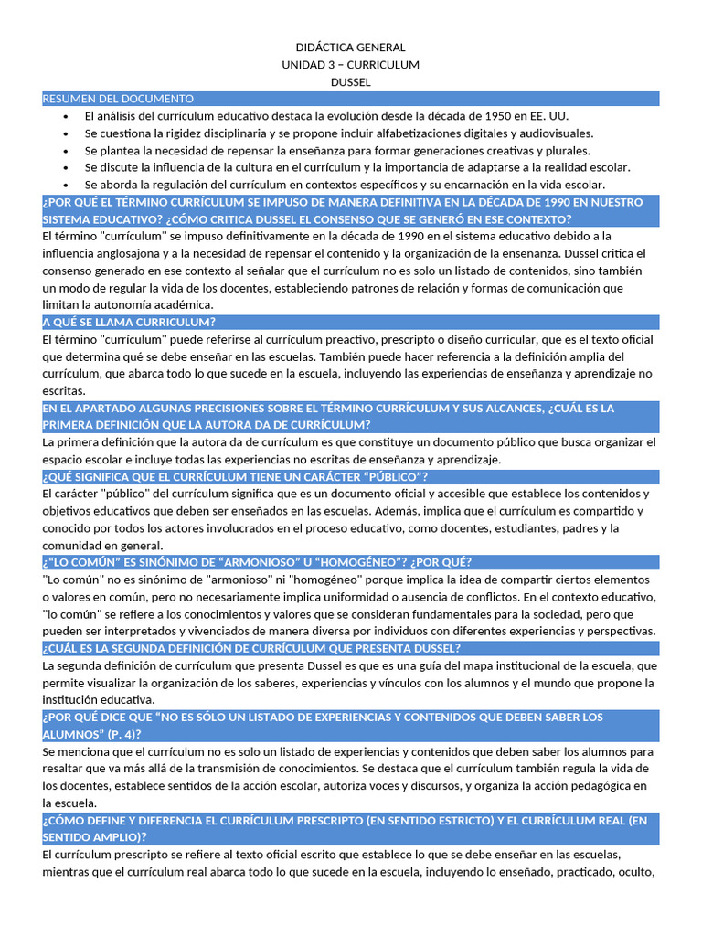 Análisis del Currículum Educativo según Dussel | PDF | Plan de estudios ...