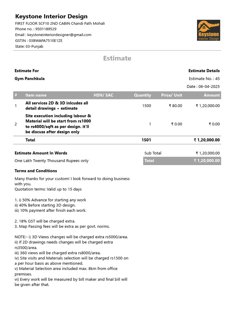 Keystone Interior Design Estimate for Gym | PDF | Payments