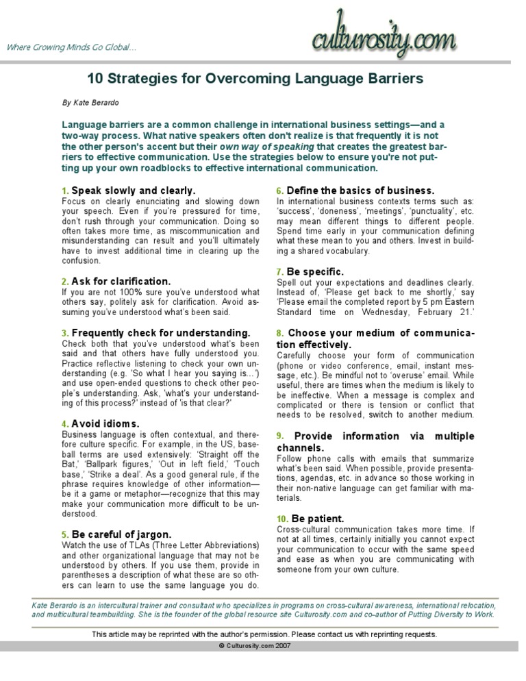 10 Strategies For Overcoming Language Barriers | PDF | Cross Cultural ...