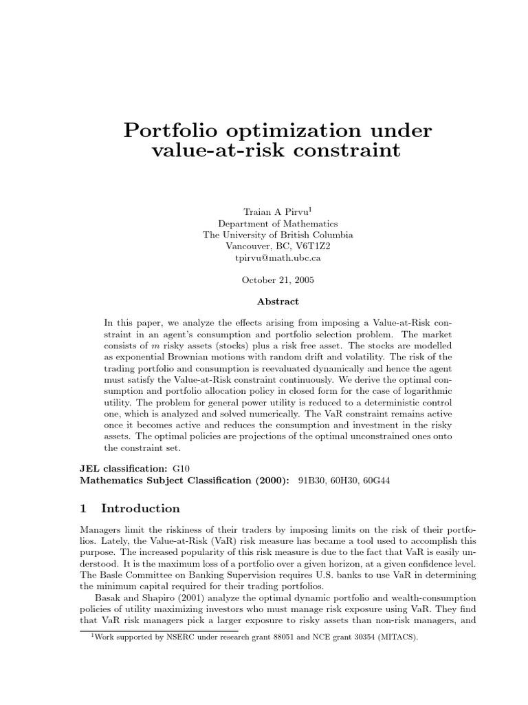 Portfolio Optimization with VaR Constraints | PDF | Value At Risk | Risk