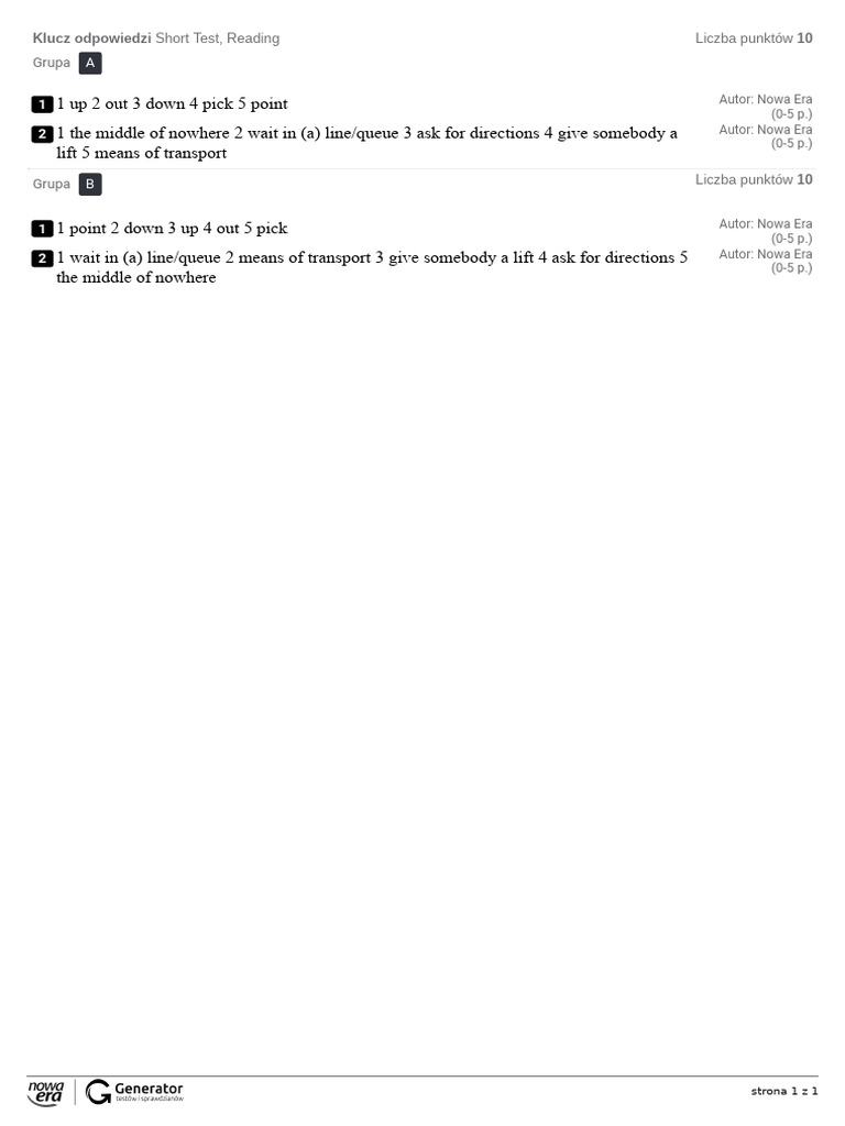 Short Test Answer Key: Reading | PDF