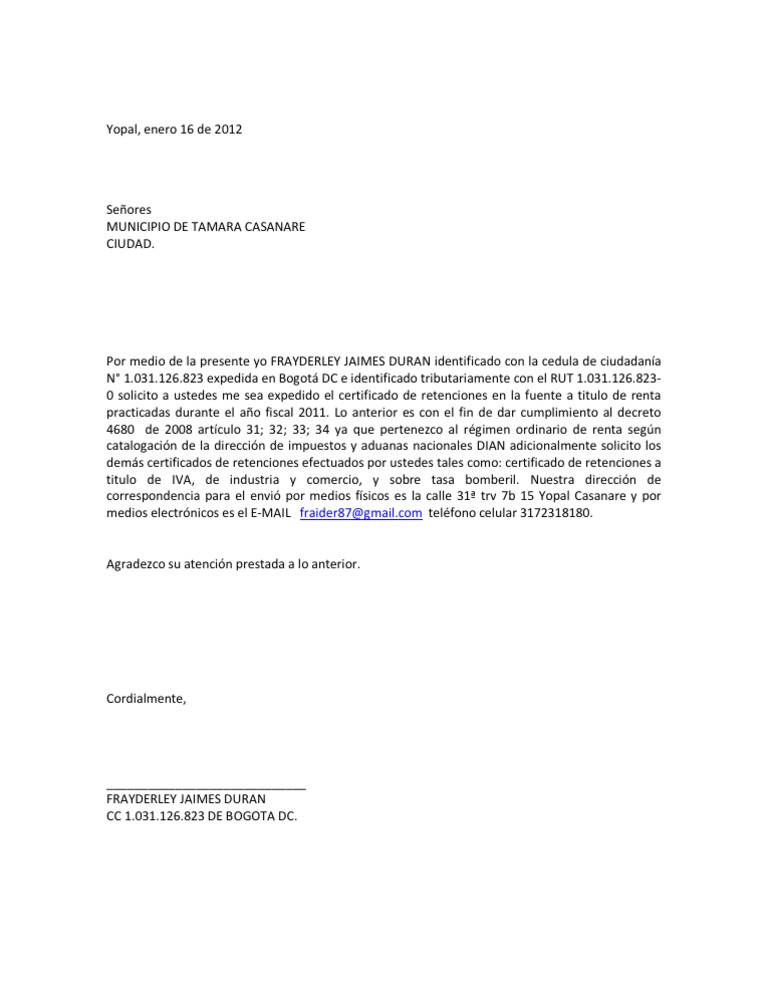 Solicitud Certificado de Retencion