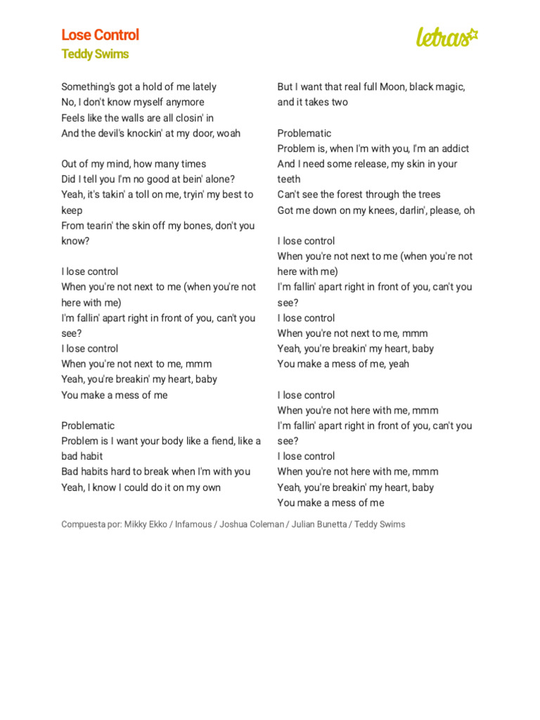 Teddy Swims - Lose Control Lyrics | PDF