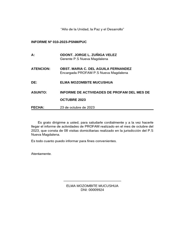 Informe de Actividades PROFAM Octubre 2023 | PDF