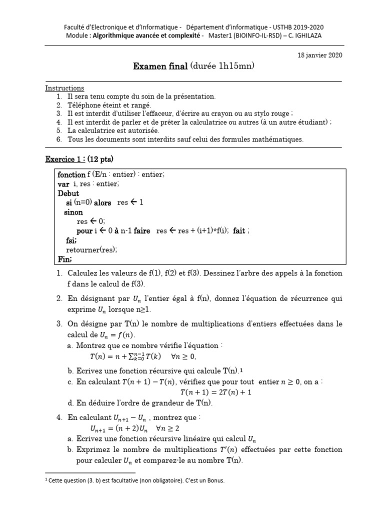 Examen d'Algorithmique Avancée 2020 | PDF | Algorithmes | Logique ...