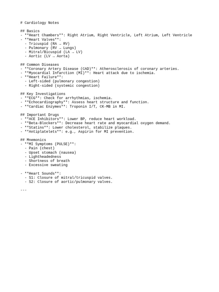 Cardiology Basics and Key Notes | PDF
