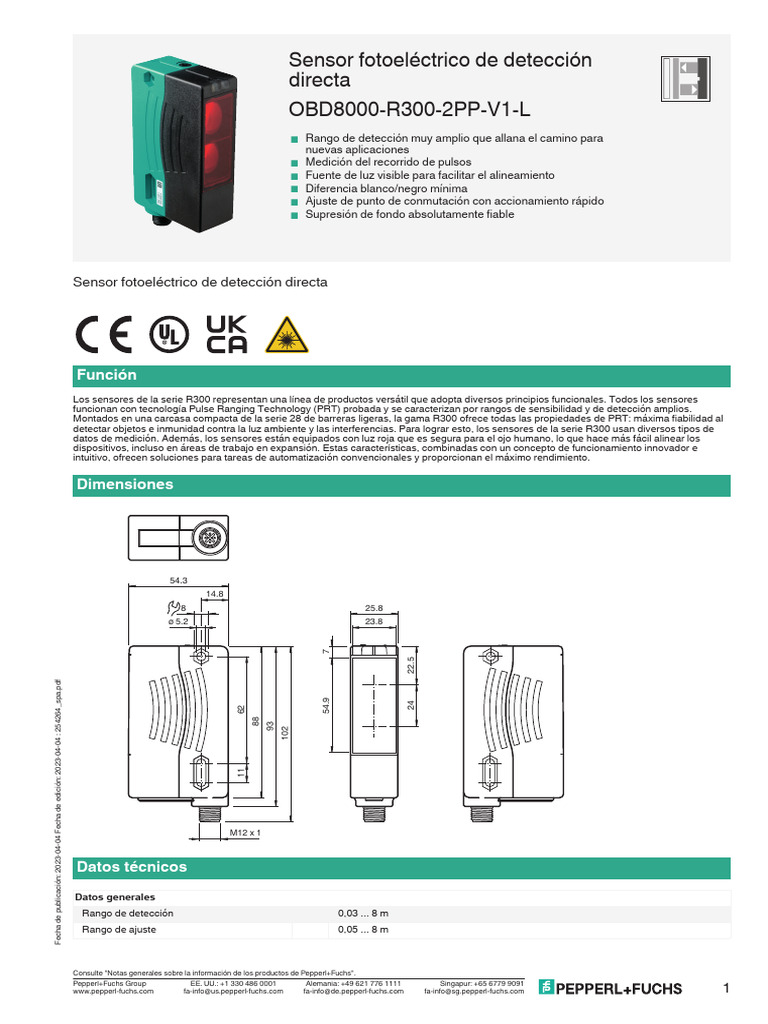 Sensor Fotoeléctrico OBD8000-R300-2PP-V1-L | PDF | Instrumento de medición