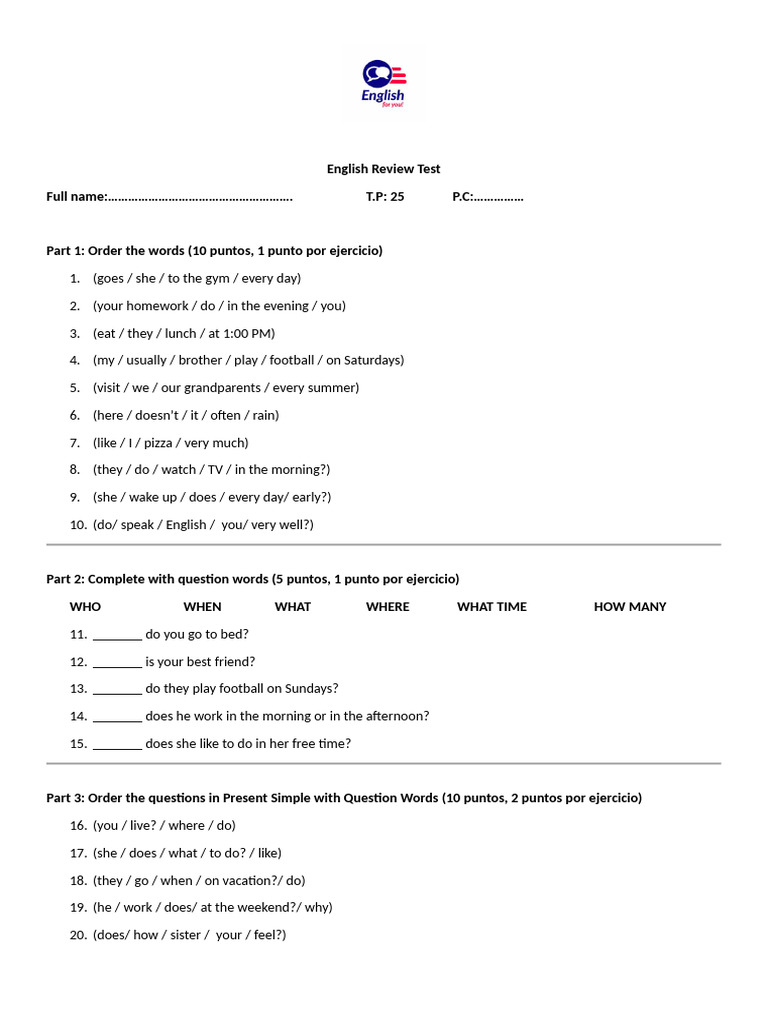 English Review Test Jueves - 070836 | PDF