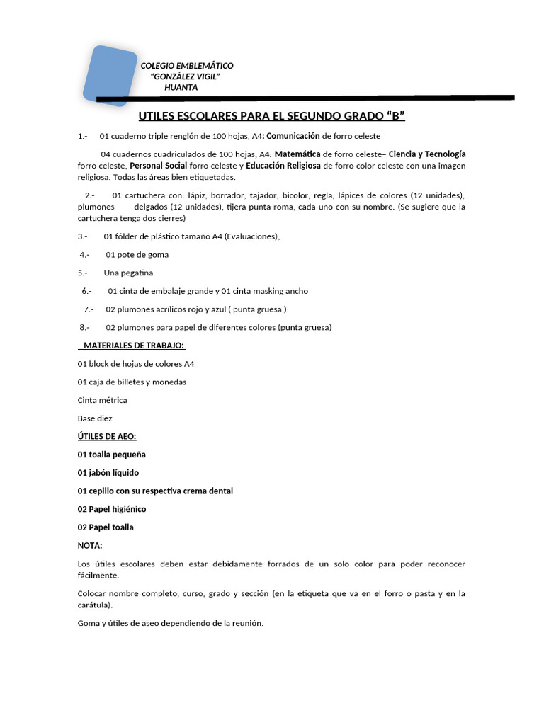 Útiles Escolares 2° Grado 2025 | PDF