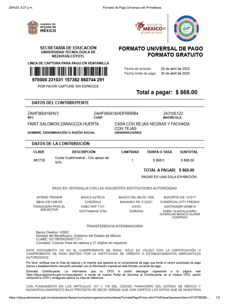 Formato de Pago Universitario 2025 | PDF | Finanzas personales ...