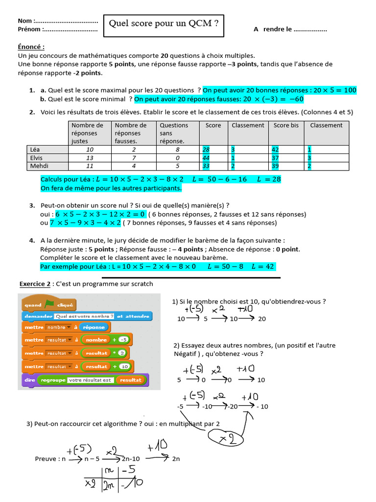 Scores et classements QCM Maths | PDF | Choix multiple | Mathématiques