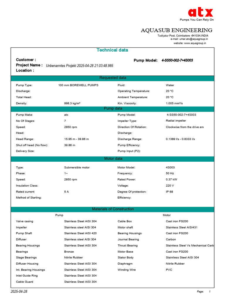 Technical Data for Submersible Pump | PDF | Pump | Electric Motor
