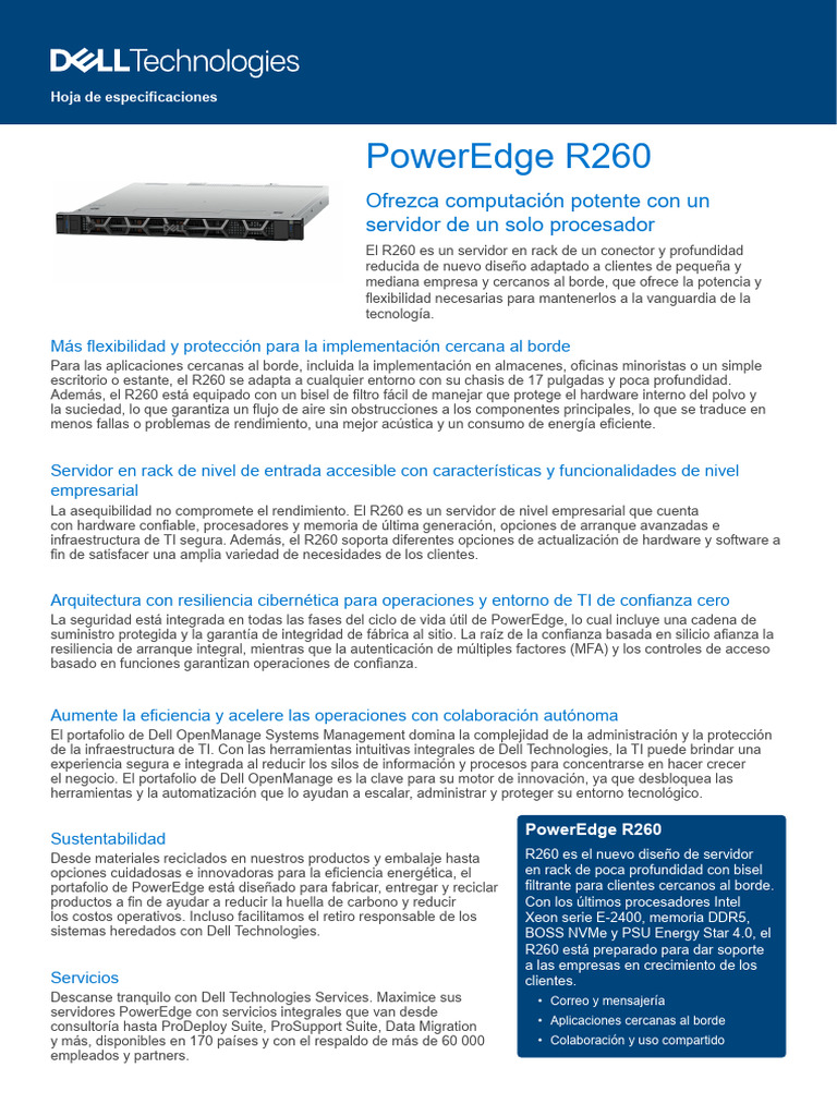 Especificaciones del Servidor PowerEdge R260 | PDF | Microprocesador ...