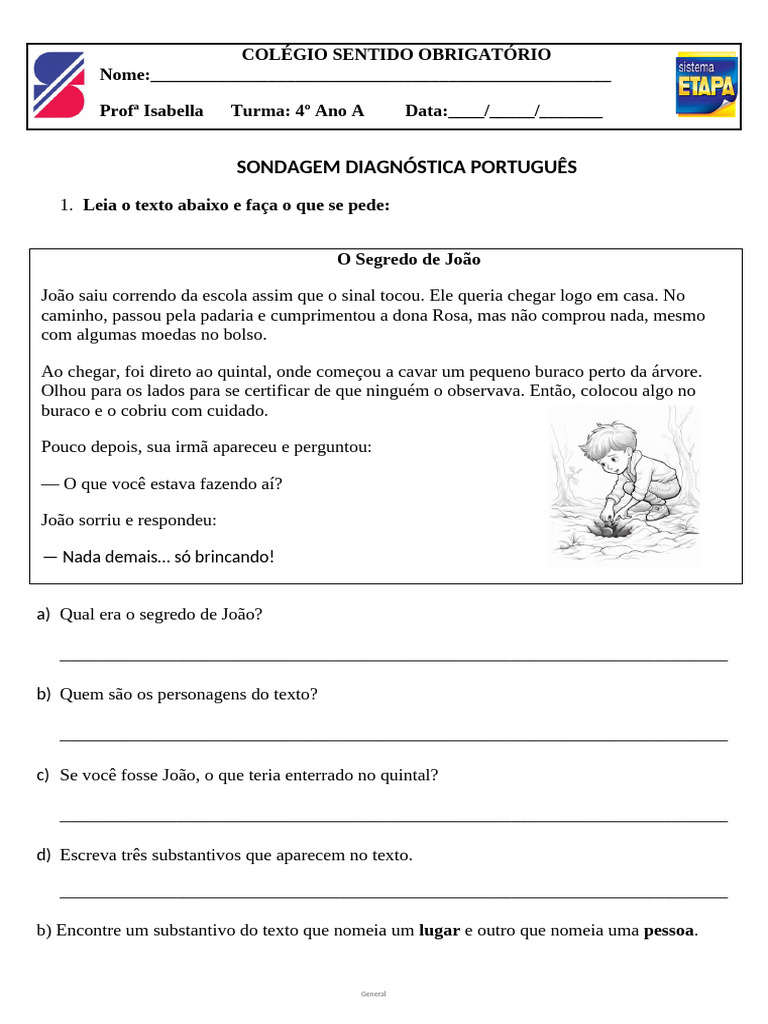 Sondagem Diagnóstica de Português 4º Ano | PDF | Linguística | Famílias ...