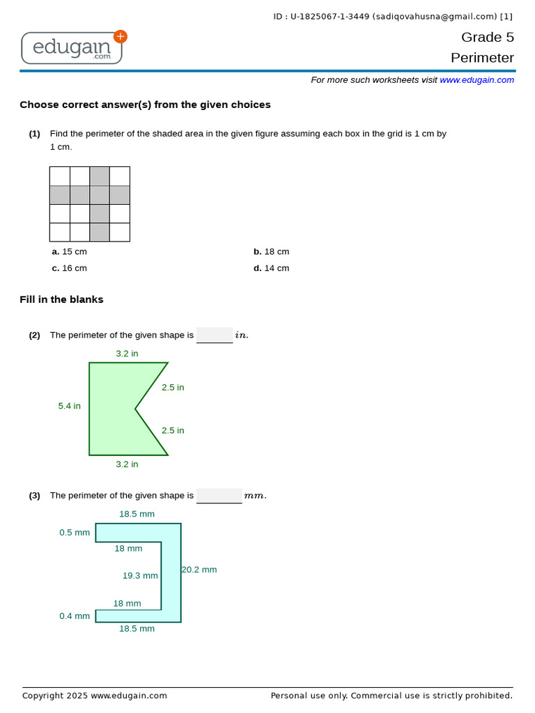 Grade 5 Perimeter Worksheet | PDF | Area | Length