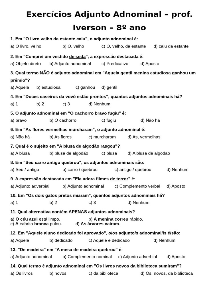 Exercícios sobre Adjunto Adnominal 8º Ano | PDF | Gramática | Sintaxe