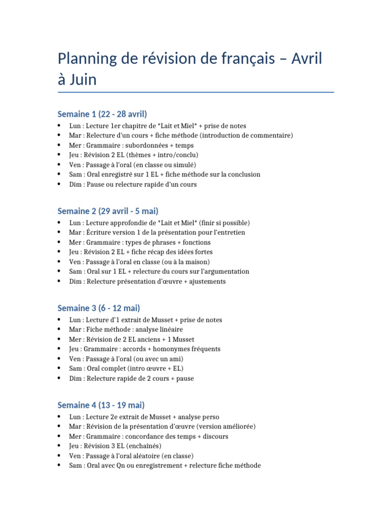 Planning Révision Bac Français 2023 | PDF