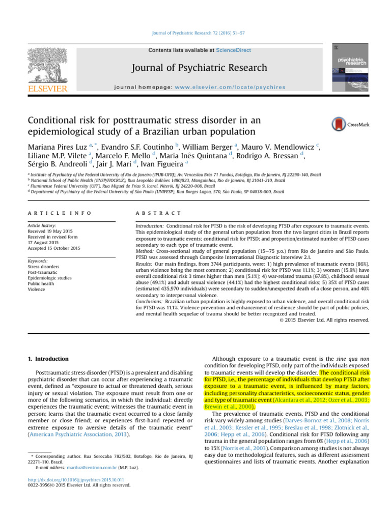 Conditional Risk For Posttraumatic Stress Disorder in An ...
