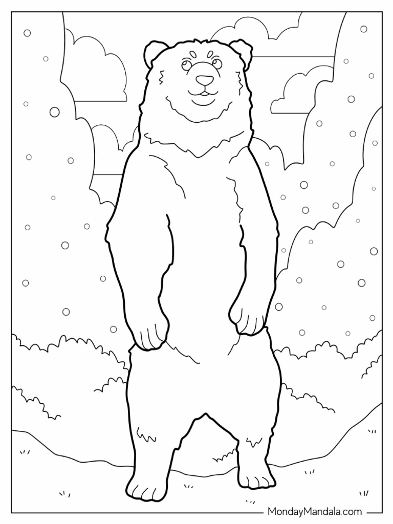 Easy Adult Bear Standing in Forest Coloring Page For Kids | PDF