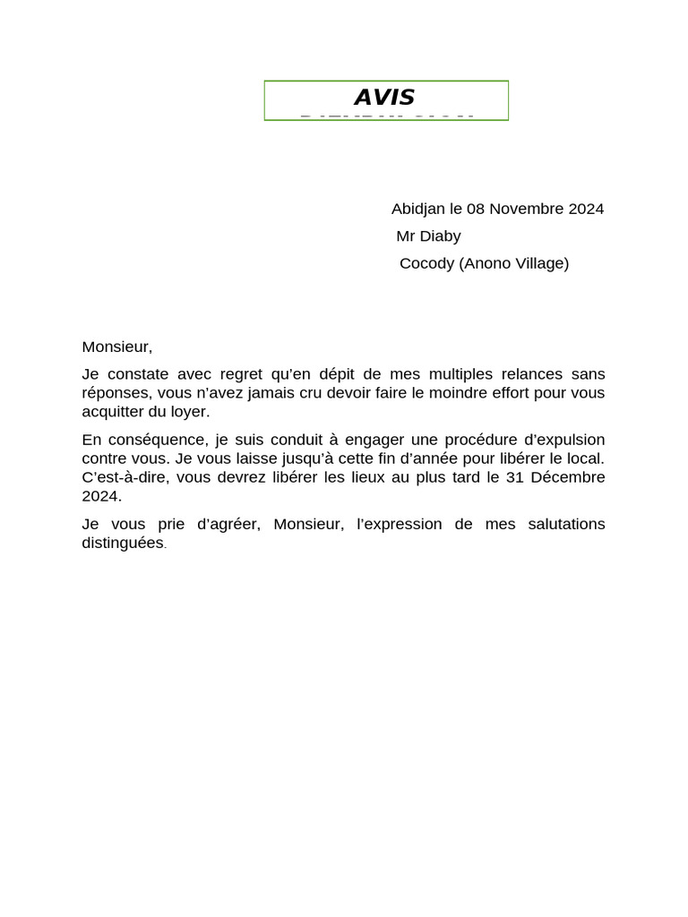 Avis d'expulsion pour non-paiement de loyer | PDF