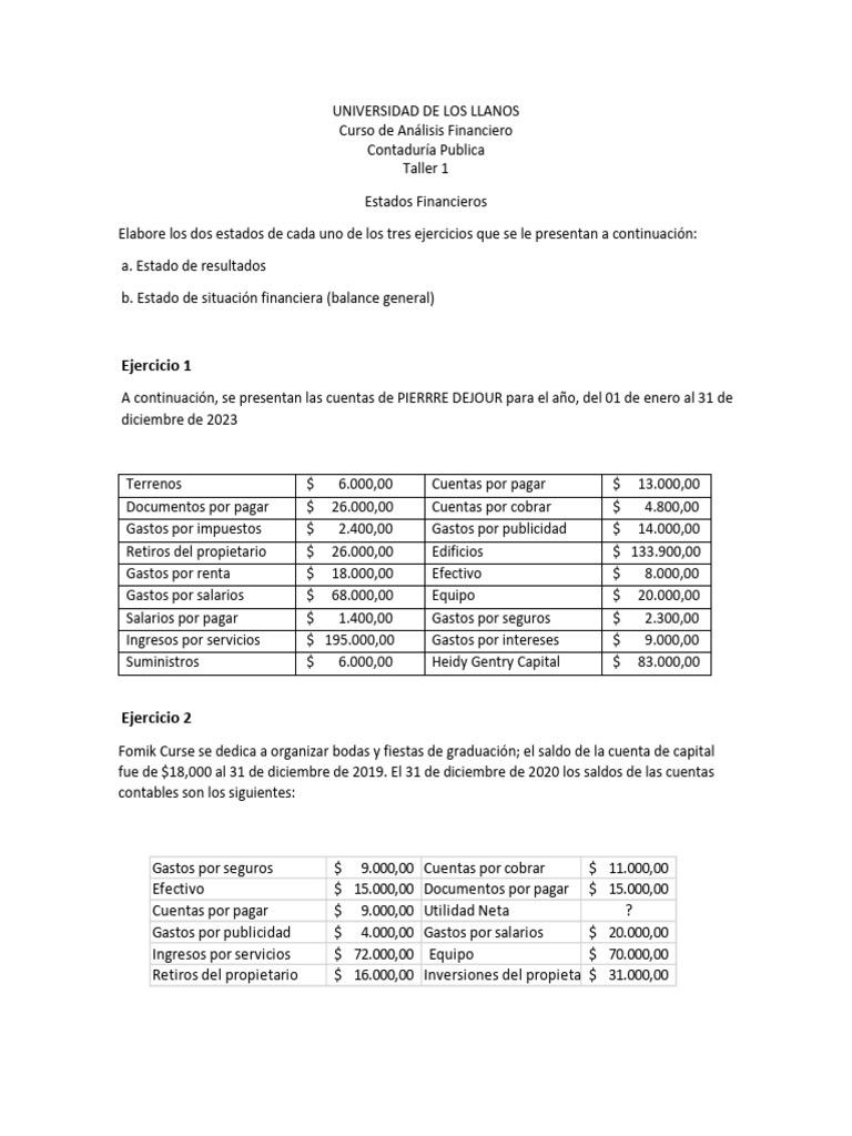 Estados Financieros: Ejercicios Prácticos | PDF | Contabilidad | Business