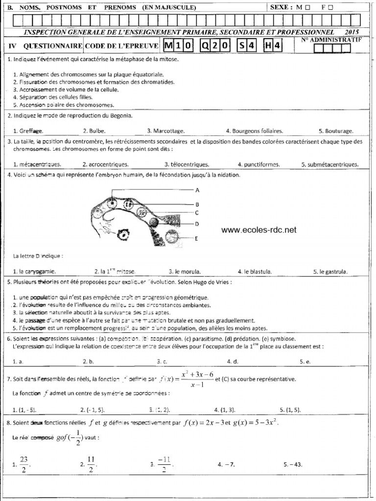 Items Exetat 2015 Biologie Math Physique S6 Code M10 | PDF
