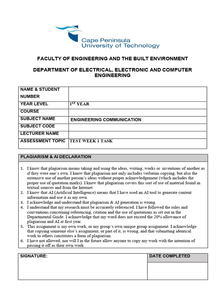 Plagiarism and AI Declaration Form | PDF