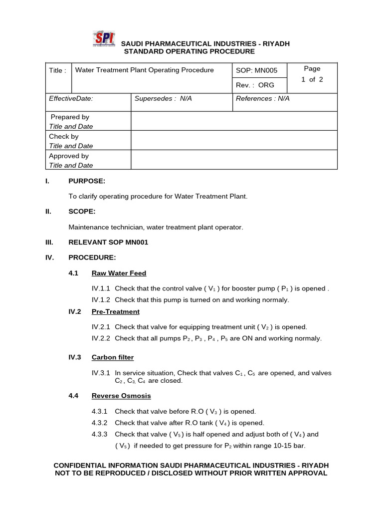 MN005 - Rev. ORG - Water Treatment Plant Opera. PR | PDF | Purified Water