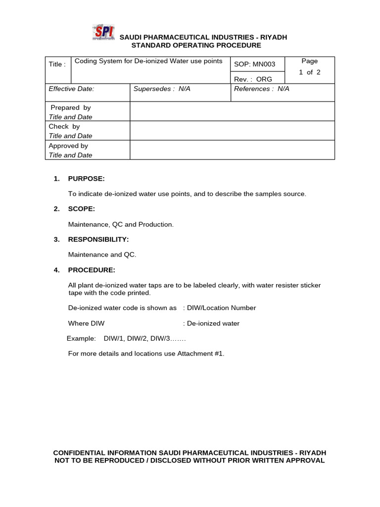 De-ionized Water Coding SOP | PDF