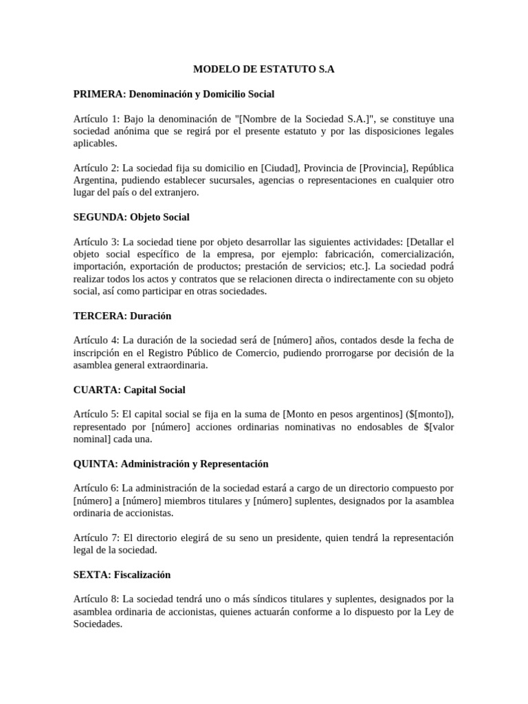 Modelo de Estatuto para Sociedad Anónima | PDF | Gobierno