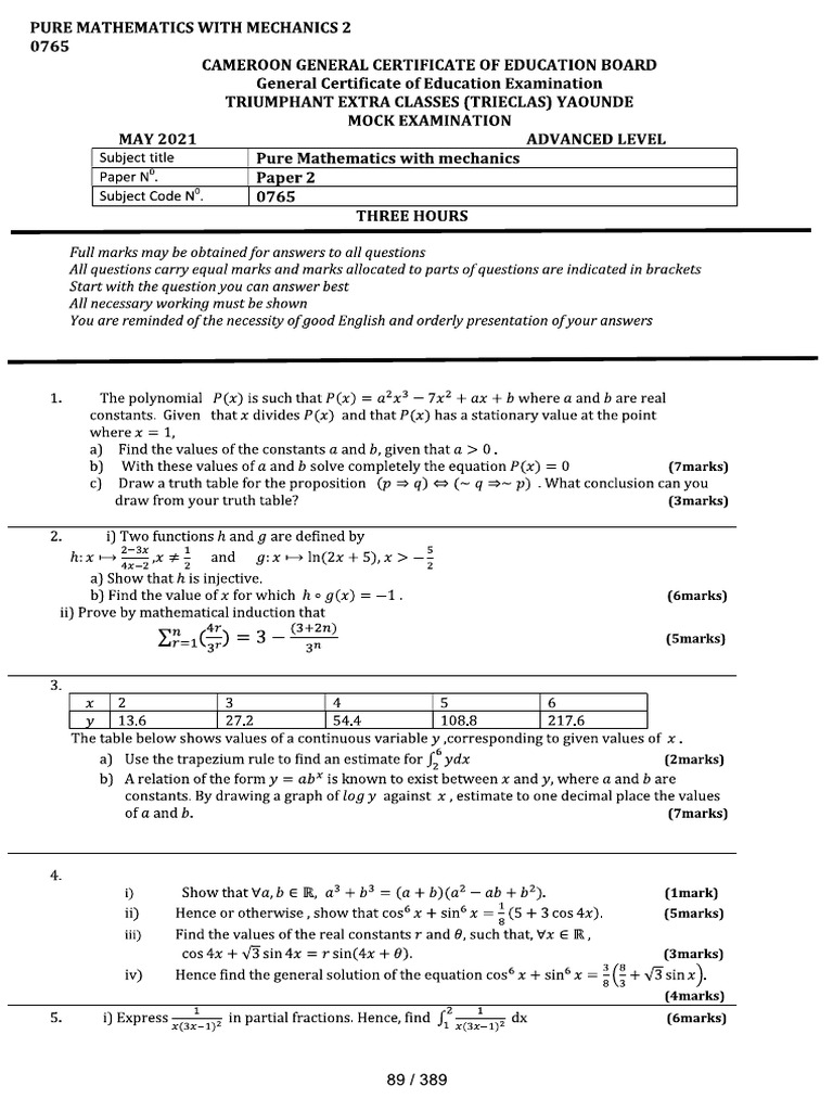 Youth Week Assignment AL Pure Maths - 091100 - 011910 | PDF