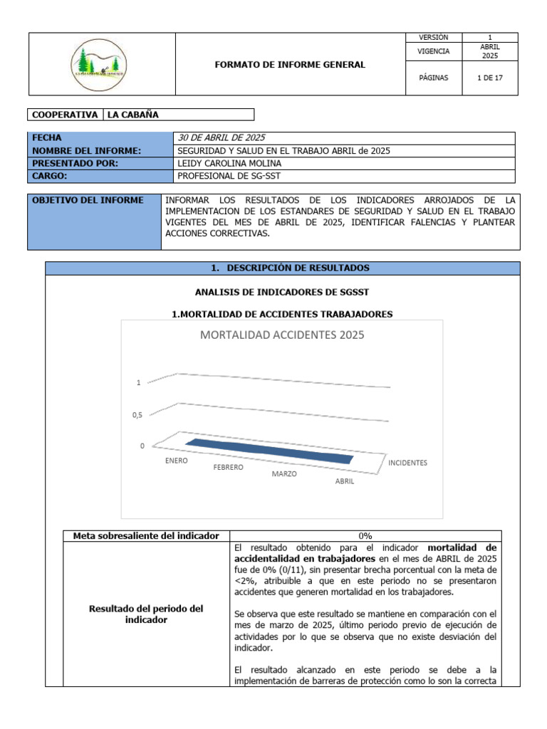 Informe de Seguridad y Salud Abril 2025 | PDF | Seguridad y salud ...