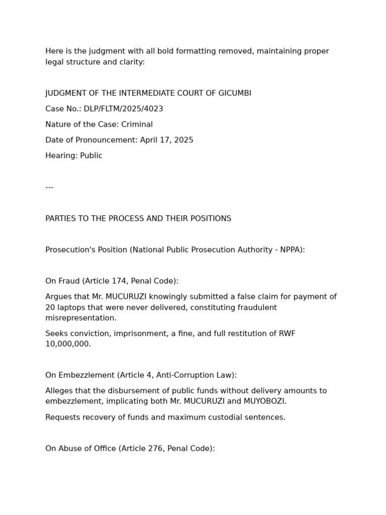 Gicumbi Court Judgment on Fraud Case | PDF | Burden Of Proof (Law) | Fraud