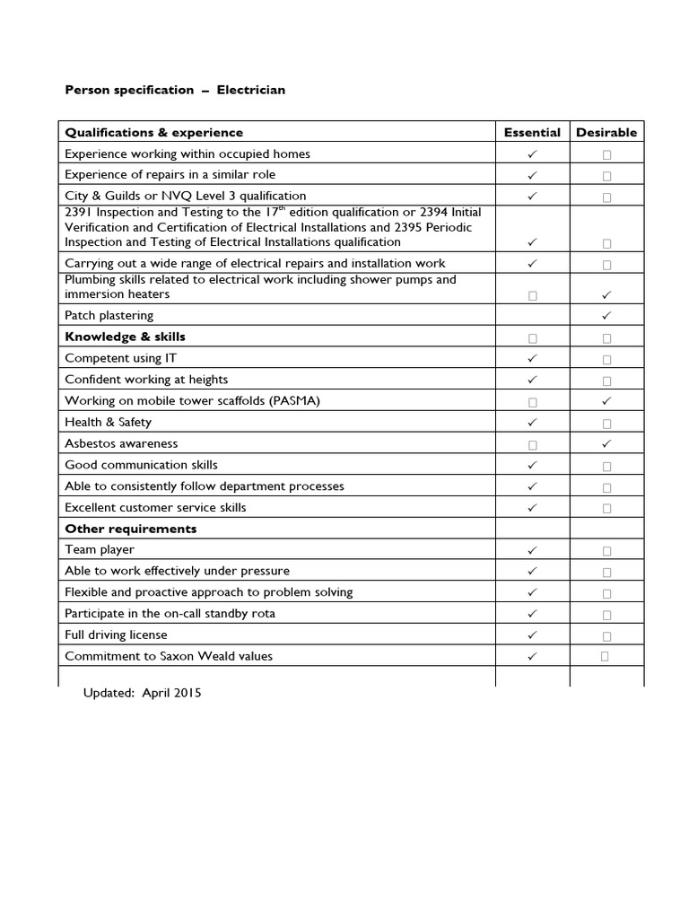 Person Specification - Electrician | PDF | Electrician