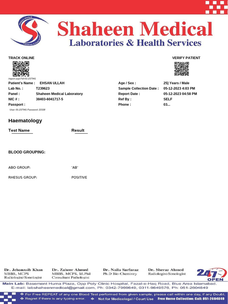 Usama Lab Patient Report: Ehsan Ullah | PDF