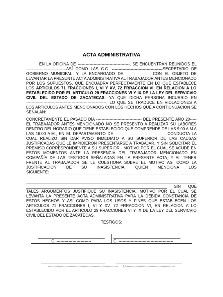 Acta Administrativa de Inasistencia Laboral | PDF