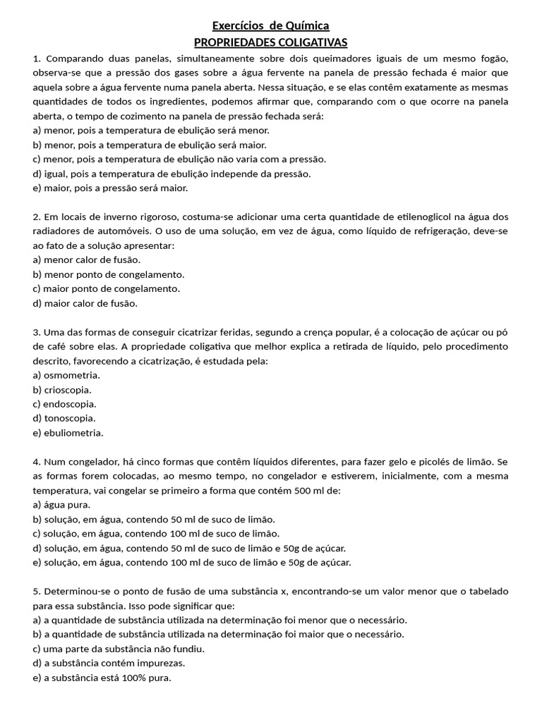 Exercícios sobre Propriedades Coligativas | PDF | Pressão | Vapor