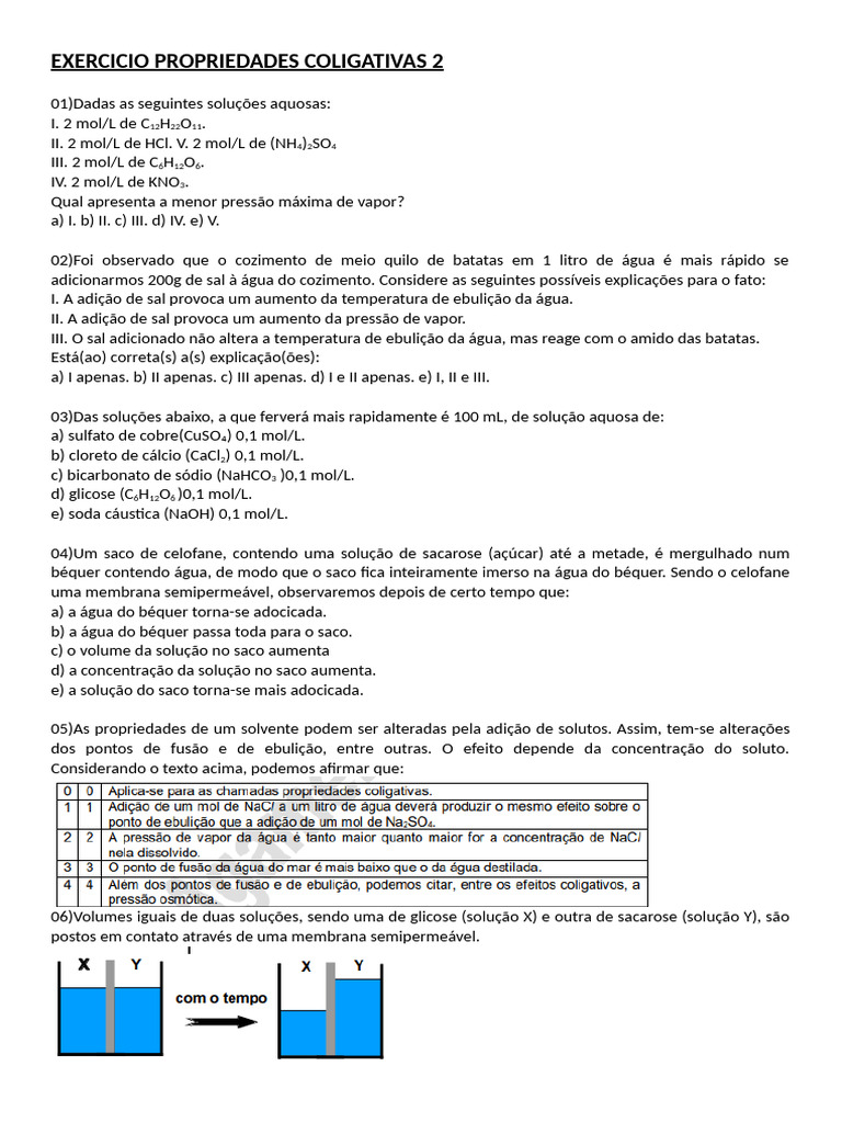 Exercícios sobre Propriedades Coligativas | PDF | Osmose | Química