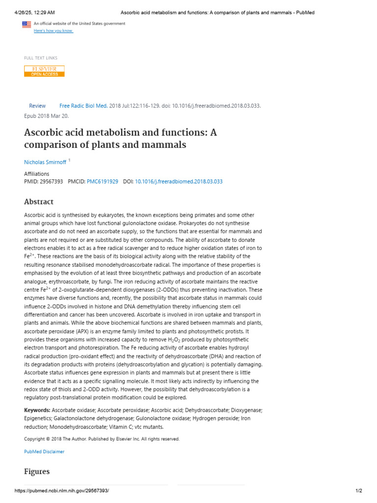 Ascorbic Acid Metabolism and Functions - A Comparison of Plants and ...