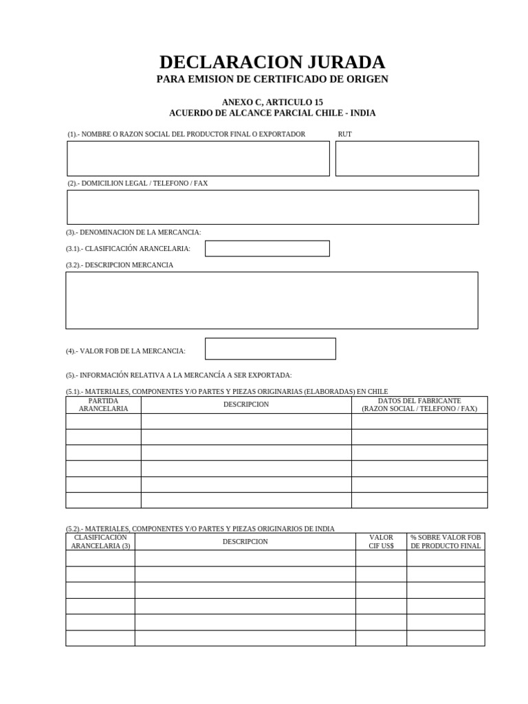 Chile Cert Origen India Declar Jurada | PDF