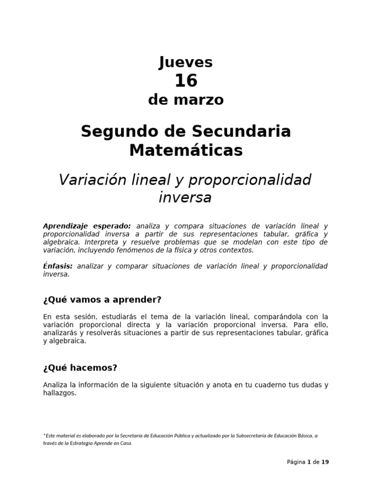 Variación Lineal y Proporcionalidad Inversa | PDF | Pendiente | Línea ...