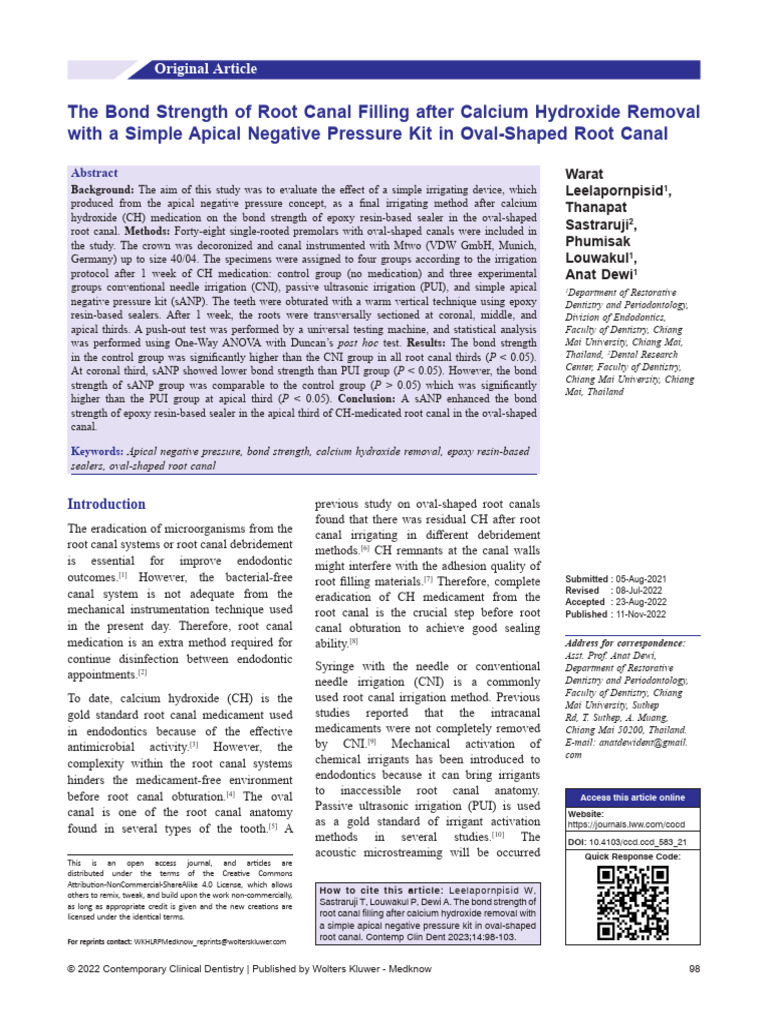 Bond Strength After Calcium Hydroxide Removal | PDF | Medical ...