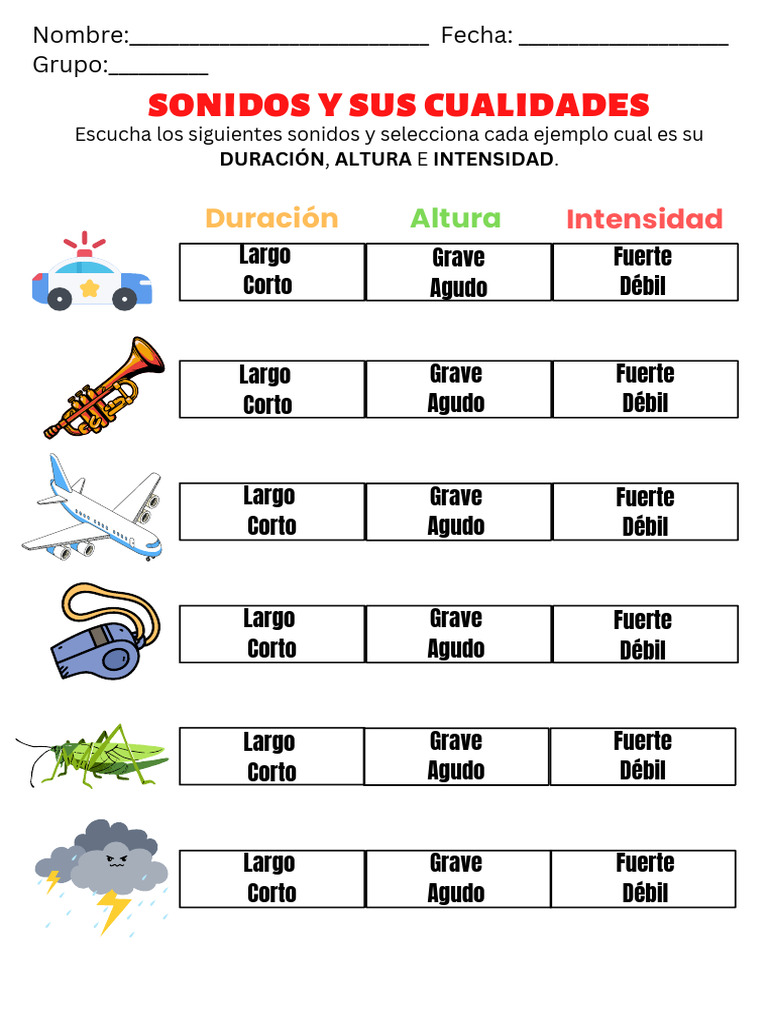 Hoja de Trabajo Sonidos y Sus Cualidades | PDF