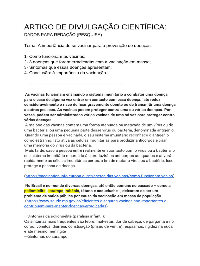 Artigo de Divulgação Científica | PDF | Vacinas | Sistema imunológico