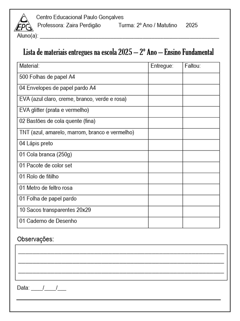 Lista de Material Escolar 2º Ano 2025 | PDF