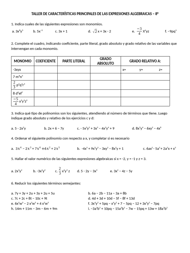 Taller de Expresiones Algebraicas 8° | PDF