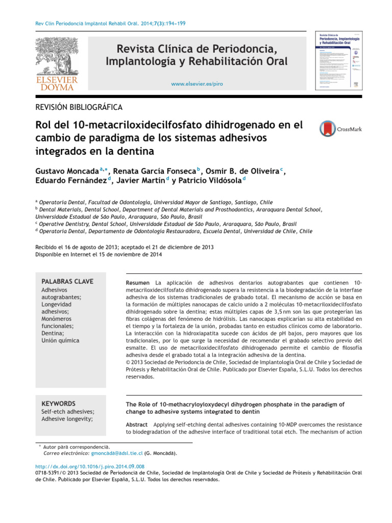 Rol Del 10MDP en Los Adhesivos Autograbantes en Dentina | PDF