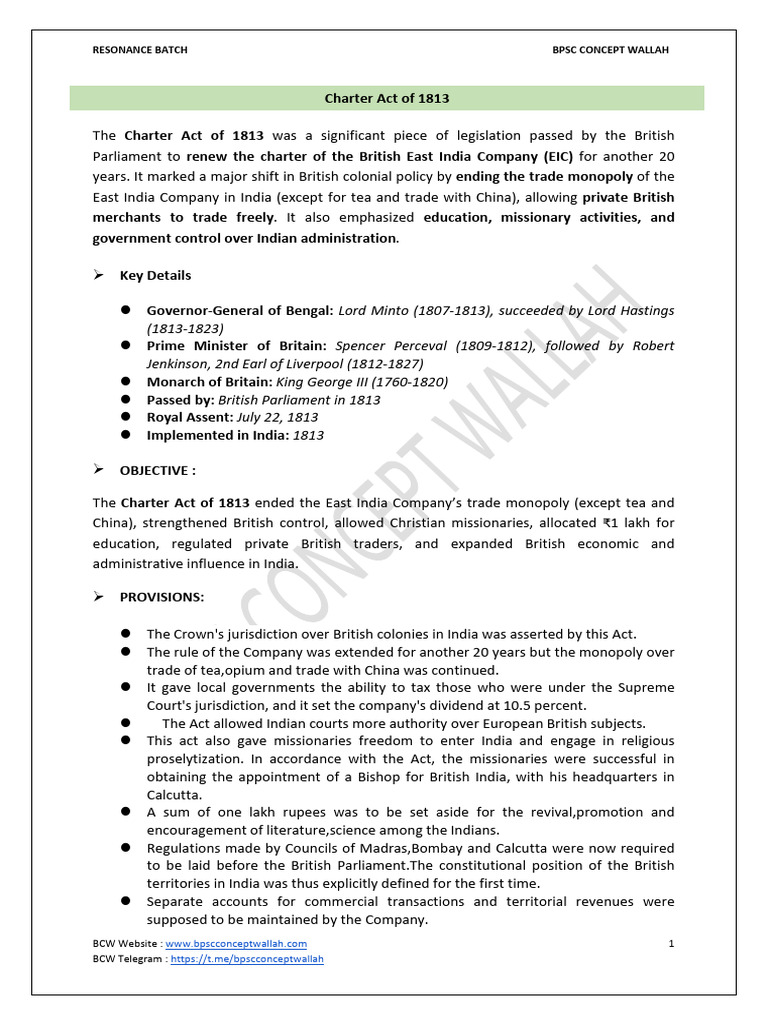 Charter Act of 1813 To Independence Act of 1947 (ENG) | PDF | British ...