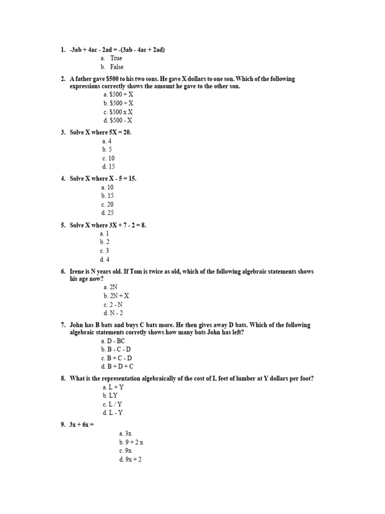 Algebra Quiz with Word Problems | PDF | Bracket | Interest