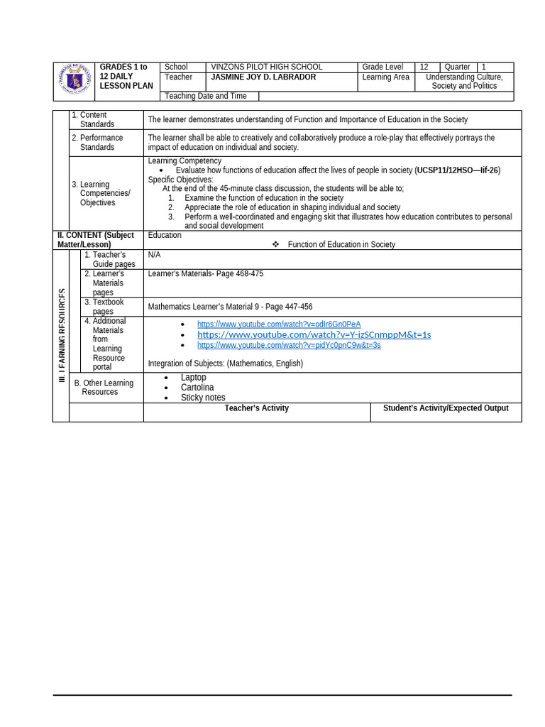 Grade 12 Daily Lesson Plan: Education's Role | PDF | Learning | Knowledge